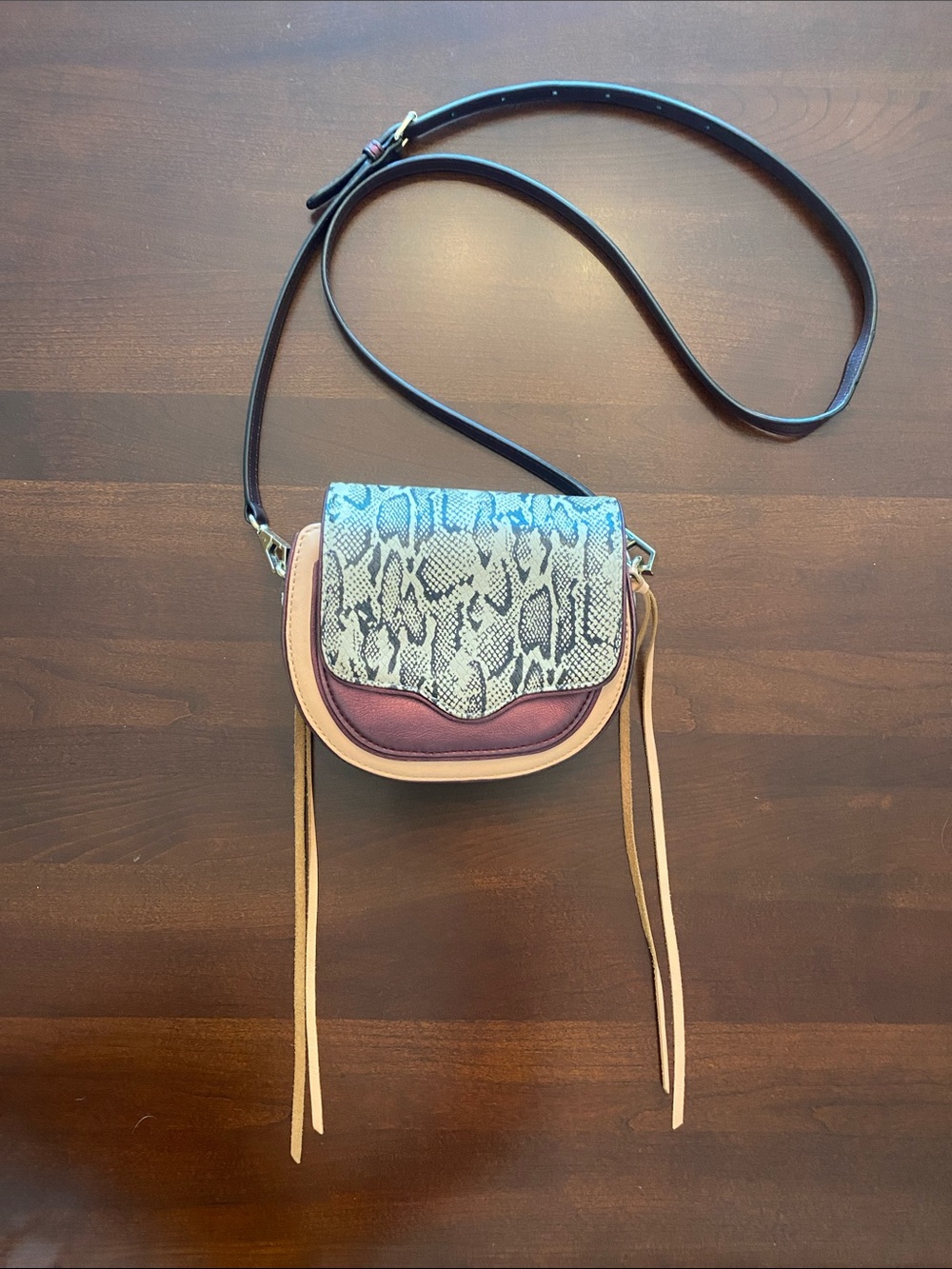 Rebecca Minkoff snake skin and burgundy leather crossbody purse